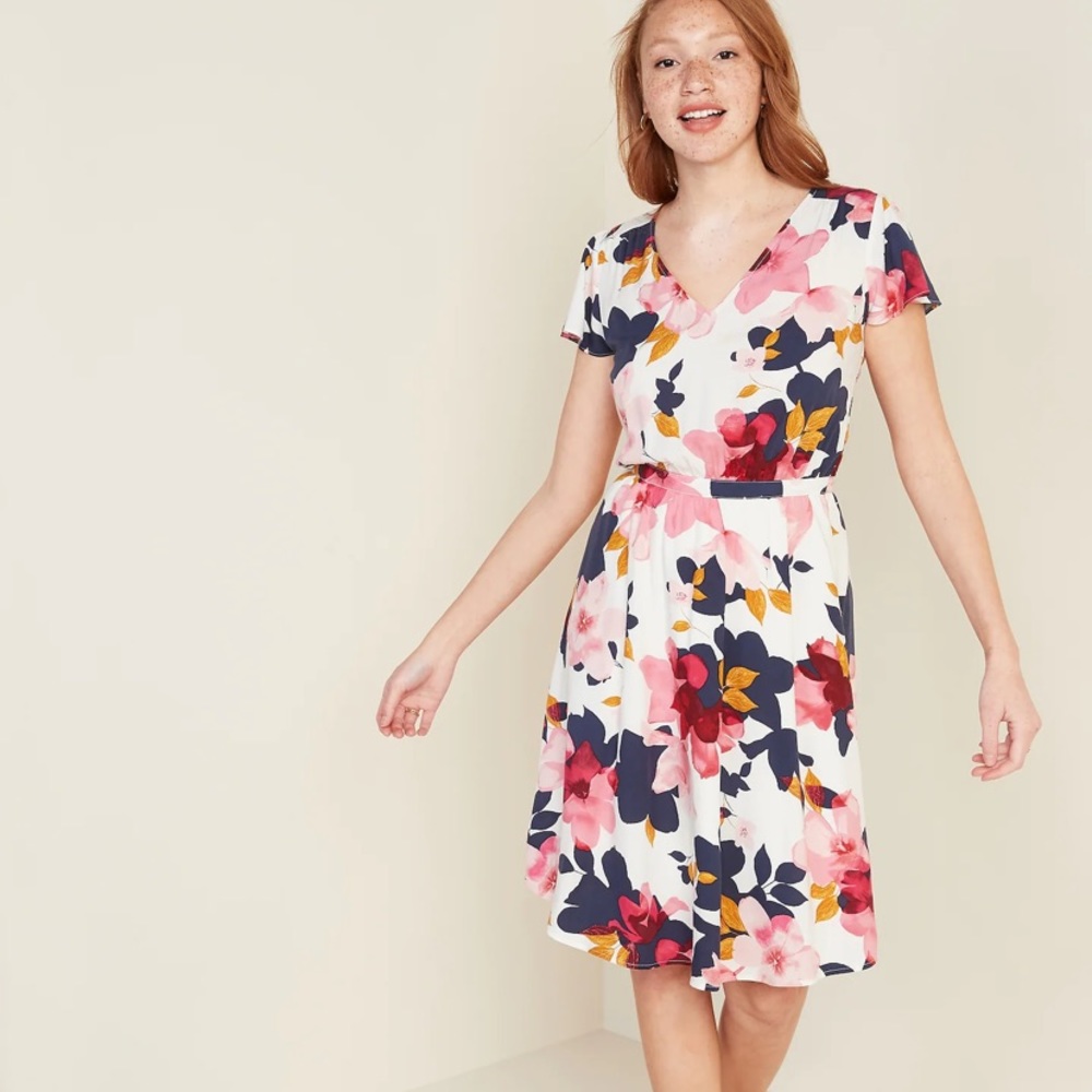 OLD NAVY Waist-Defined V-Neck Flutter-Sleeve Dress